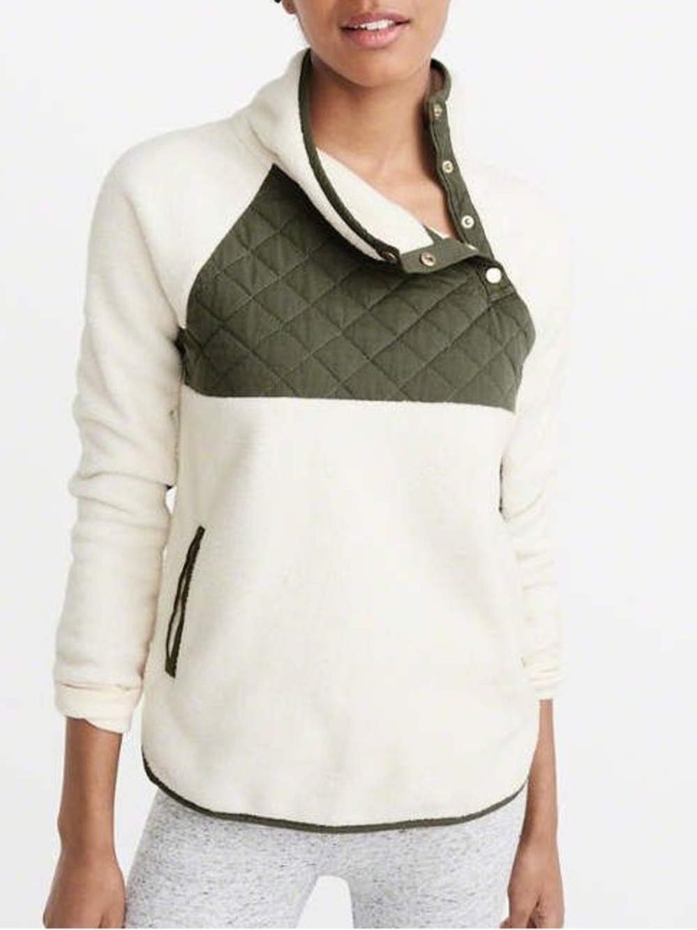 ABERCROMBIE & FITCH Quilted Panel Cream and Olive Pullover Sweater Small